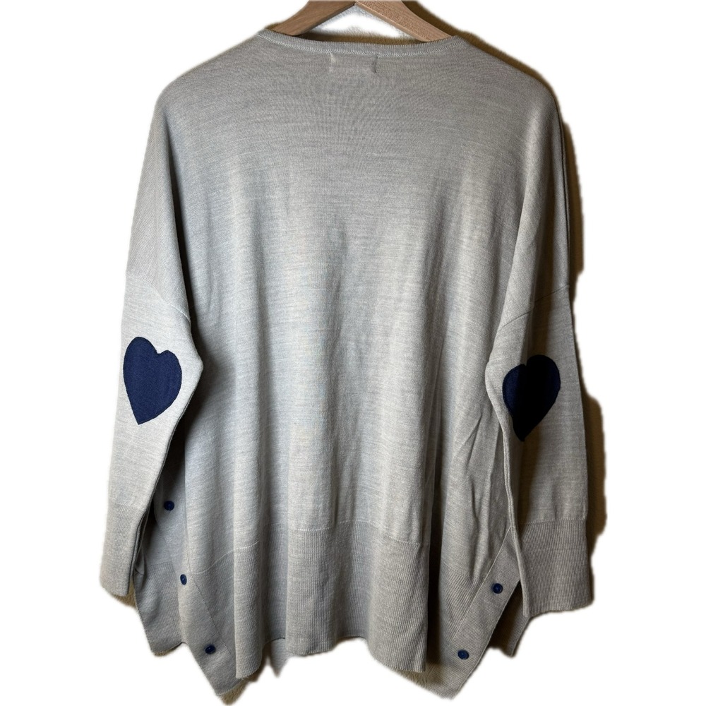 MerSea Heart Elbow Patch Oversized Gray Sweater Navy Buttons One Size